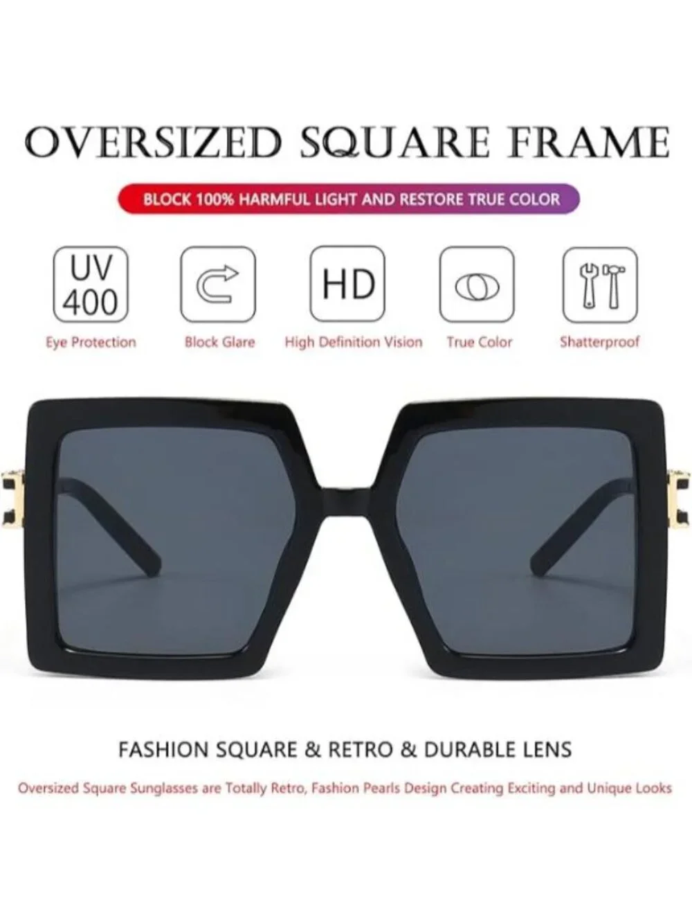 Women's Square Fashion Big Large Frame Sun Glasses UV400 Protection Black Grey